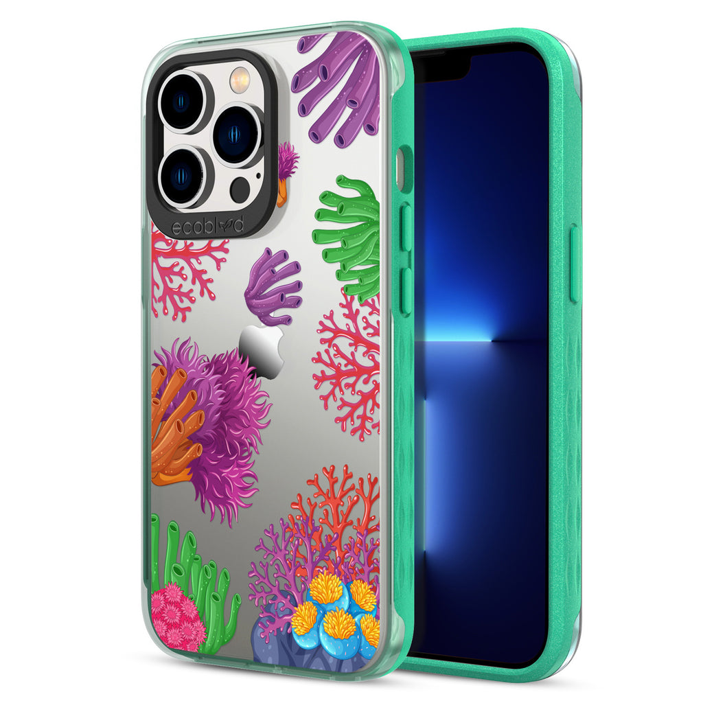 Back View Of Green Compostable iPhone 13 Pro Laguna Case With The Coral Reef Design & Front View Of The Screen