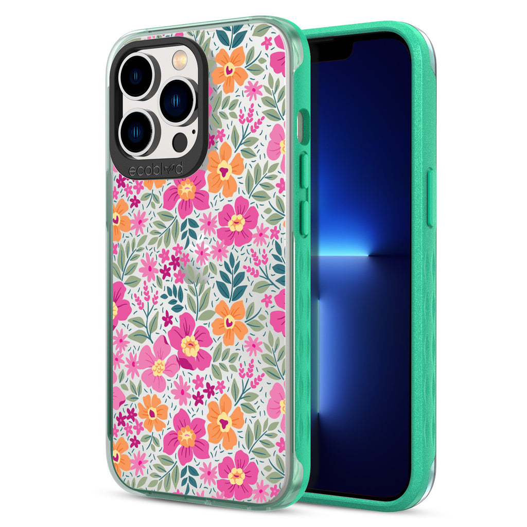Back View Of Green Eco-Friendly iPhone 13 Pro Clear Case With Wallflowers Design & Front View Of Screen