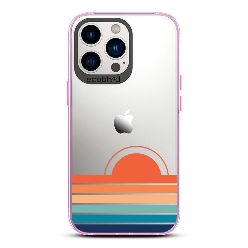 Laguna Collection - Pink iPhone 13 Pro Max / 12 Pro Max Case With The Sun Rising From Rainbow Stripes On A Clear Back