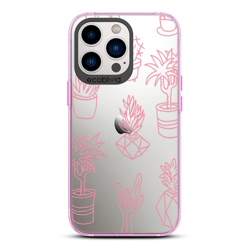Laguna Collection - Pink iPhone 13 Pro Max / 12 Pro Max Case With Line Art Succulent Garden Print On A Clear Back 