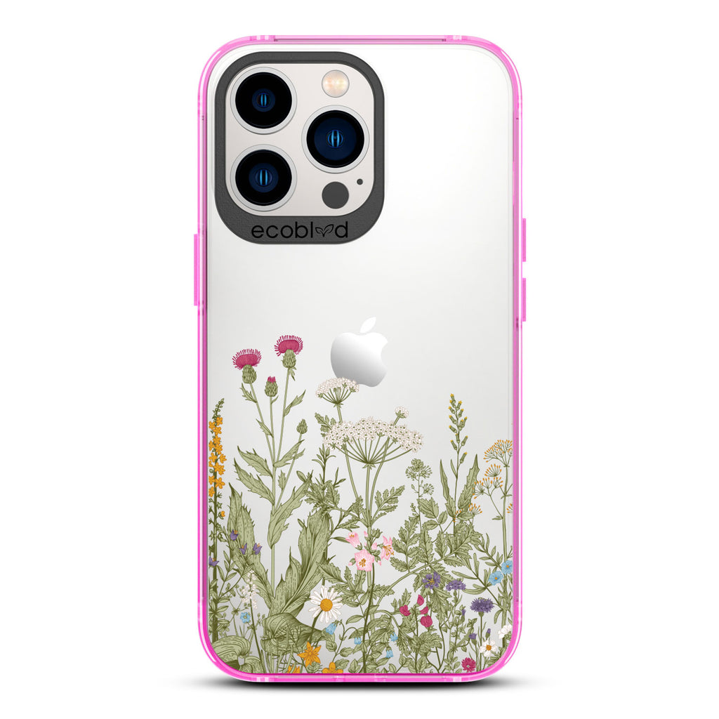 Spring Collection - Pink Compostable iPhone 12/13 Pro Max Case - Wild Herbs & Flowers Botanical Herbarium On A Clear Back
