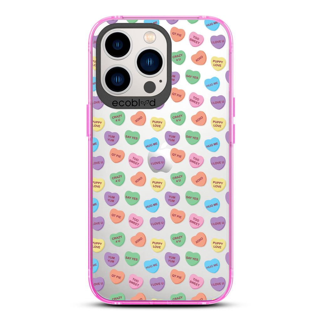 Love Collection - Pink Compostable iPhone 13 Pro  Case - Pastel Colored Candy Hearts With Romantic Quotes On Clear Back
