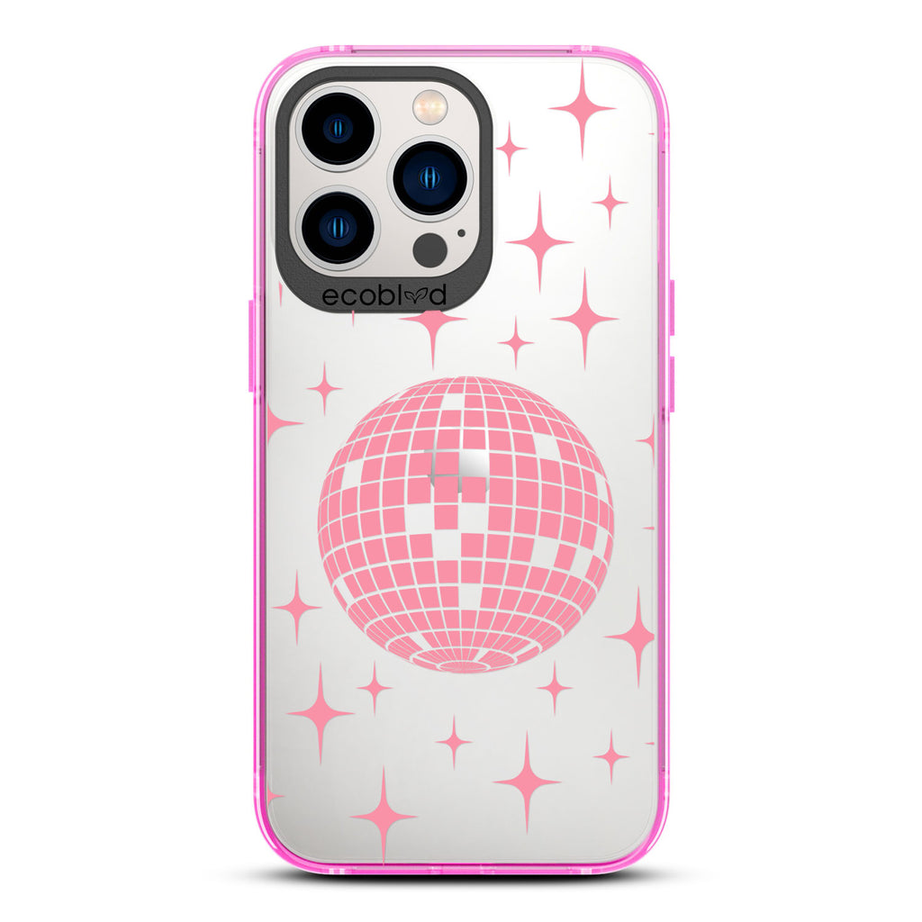 Winter Collection - Pink Eco-Friendly iPhone 13 Pro Case - A Mirror Ball Shines With Stars On A Clear Back