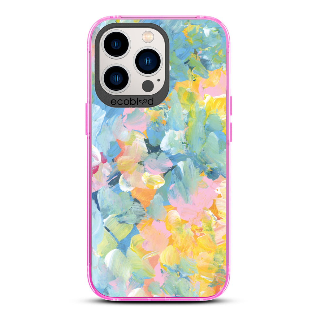 Spring Collection - Pink Compostable iPhone 13 Pro Case - Pastel Acrylic Abstract Paint Smears & Blots On A Clear Back