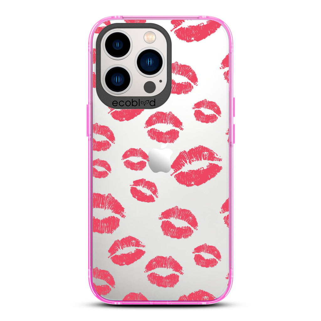 Love Collection - Pink Compostable iPhone 13 Pro Case - Multiple Red Lipstick Kisses On A Clear Back
