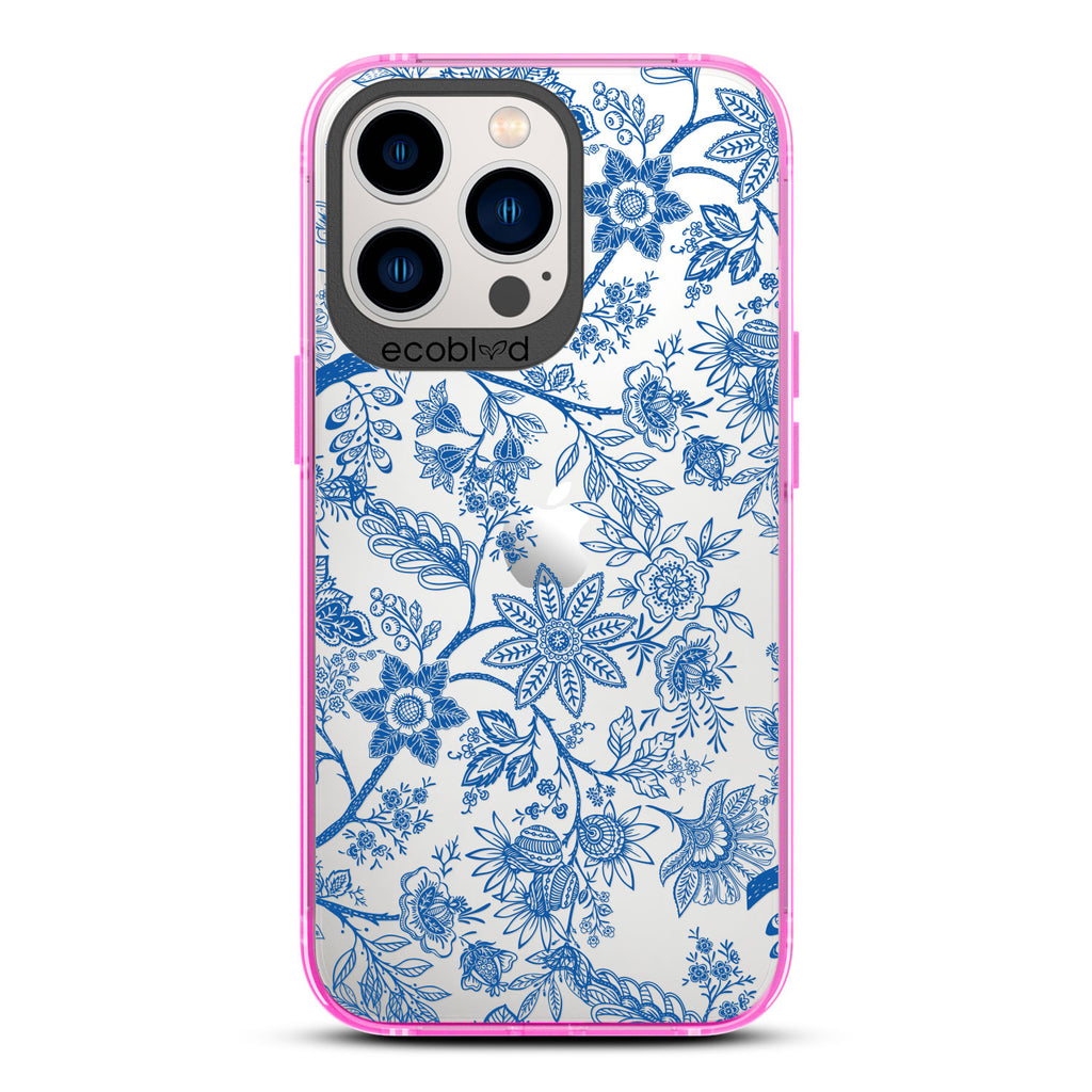 Timeless Collection - Pink Laguna Eco-Friendly iPhone 13 Pro Case With Blue Toile De Jouy Floral Pattern On A Clear Back