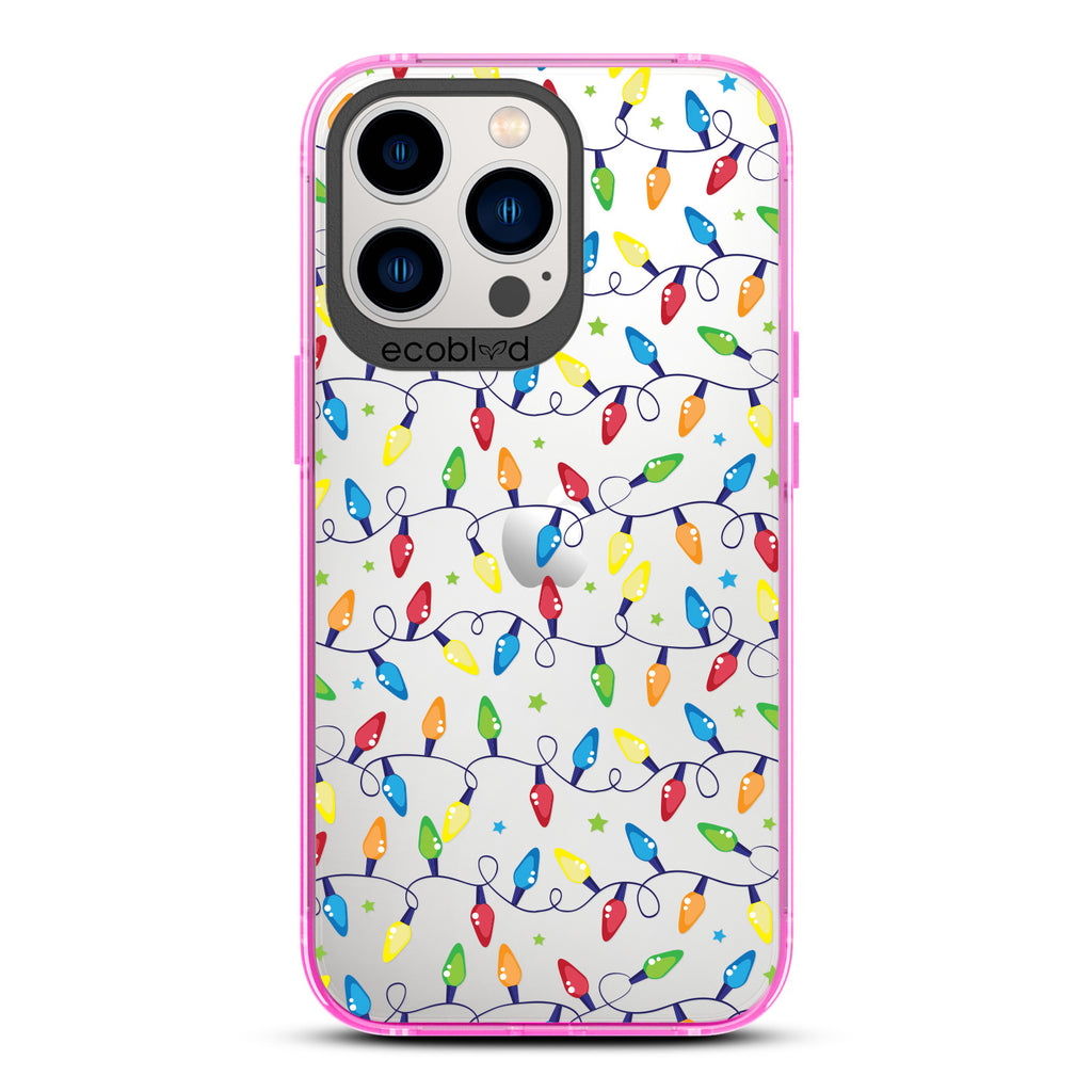 Winter Collection - Pink Compostable Laguna iPhone 13 Pro Case With Colorful Christmas Lights & Stars On A Clear Back