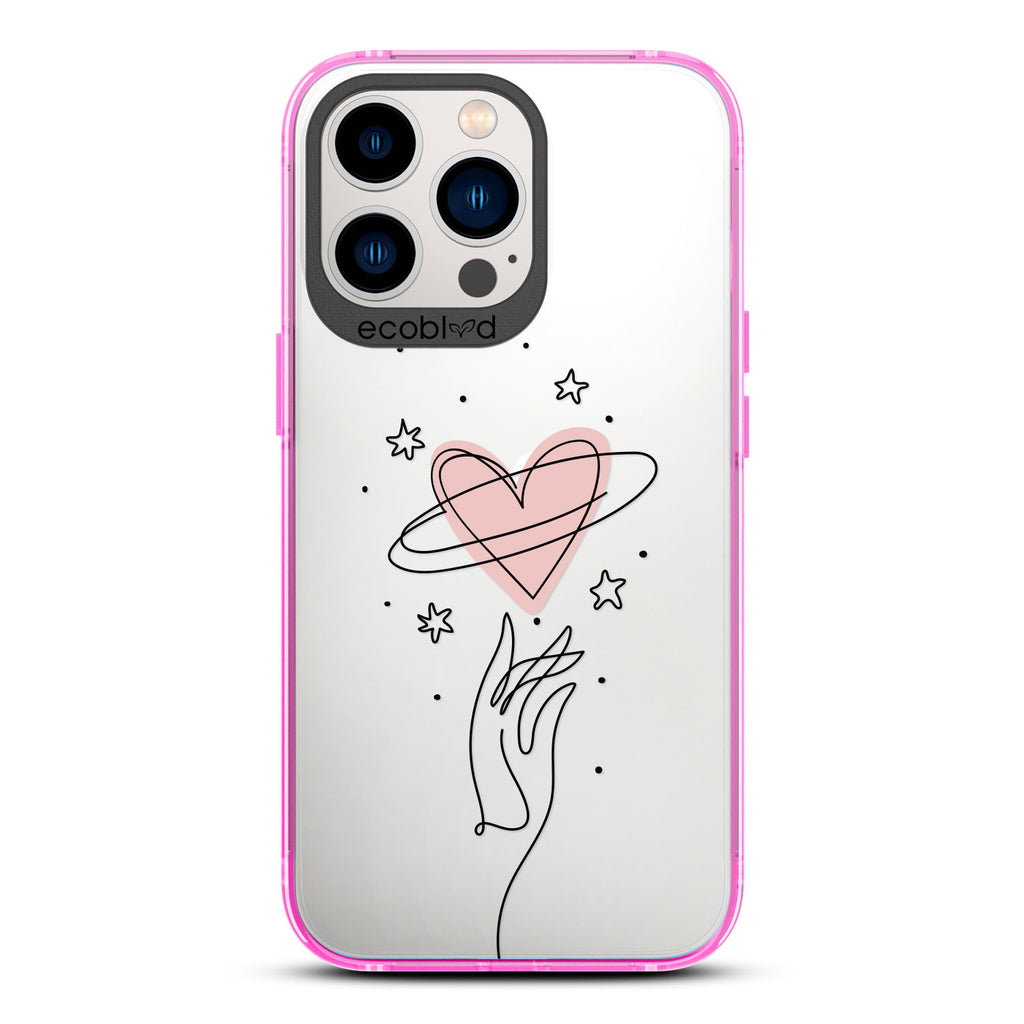 Be Still My Heart - Pink Compostable iPhone 13 Pro Case - Line Art Hand Reaching Out For Pink Heart, Stars On Clear Back