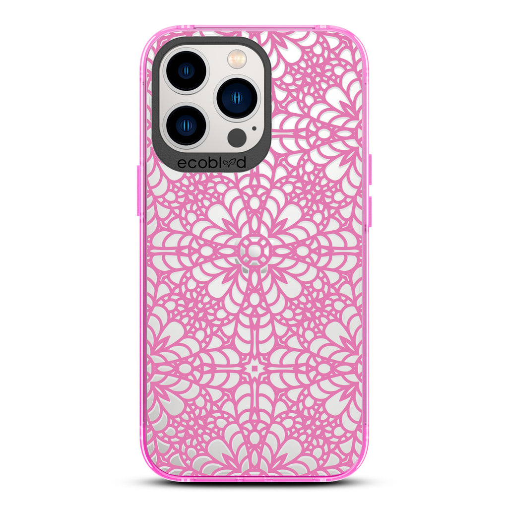 A Lil' Dainty - Pink Compostable iPhone 12/13 Pro Max Case - Intricate Lace Tapestry Pattern On A Clear Back