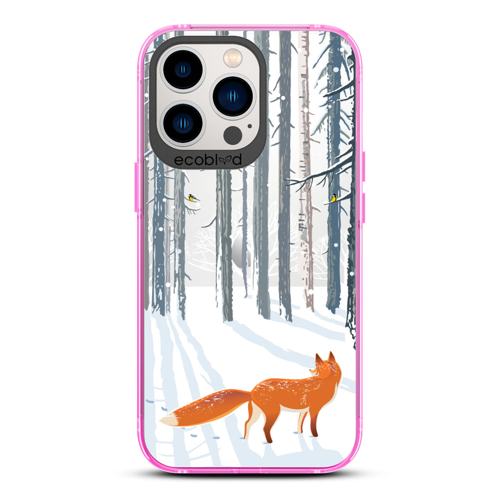 Winter Collection - Pink Eco-Friendly iPhone 13 Pro Case - Orange Fox Trails Pawprints In Snowy Woods On A Clear Back
