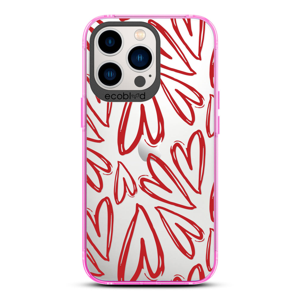 Love Collection - Pink Compostable iPhone 12 & 13 Pro Max Case - Painted / Sketched Red Hearts On A Clear Back