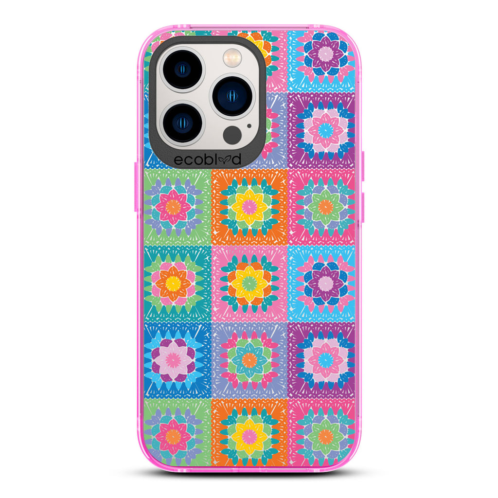 All Squared Away - Pastel Vintage Granny Squares Crochet - Eco-Friendly Clear iPhone 13 Pro Case With Pink Rim 