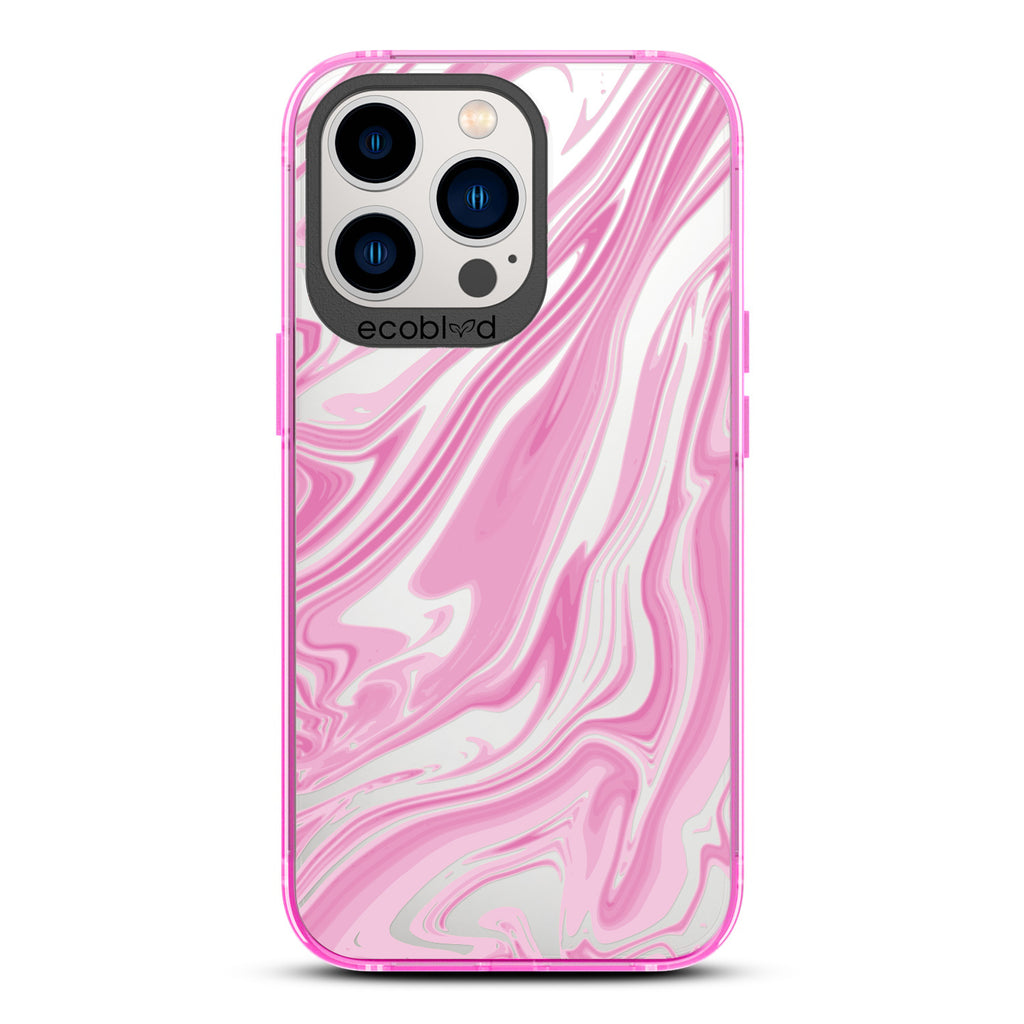 Timeless Collection - Pink Laguna Compostable iPhone 13 Pro Case With Marble Swirls On a Clear Back
