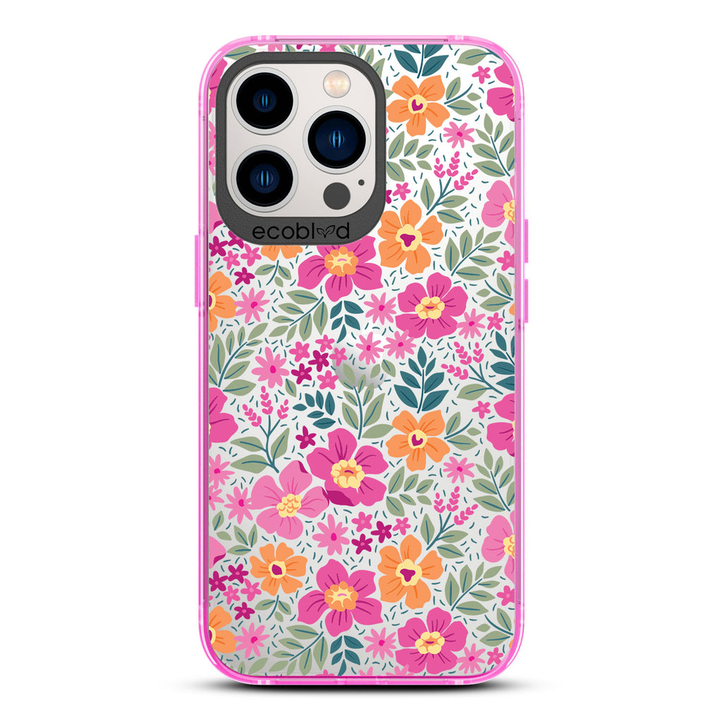 Spring Collection - Pink Compostable iPhone 13 Pro Case - Bright, Colorful  Vintage Cartoon Flowers with Leaves On A Clear Back