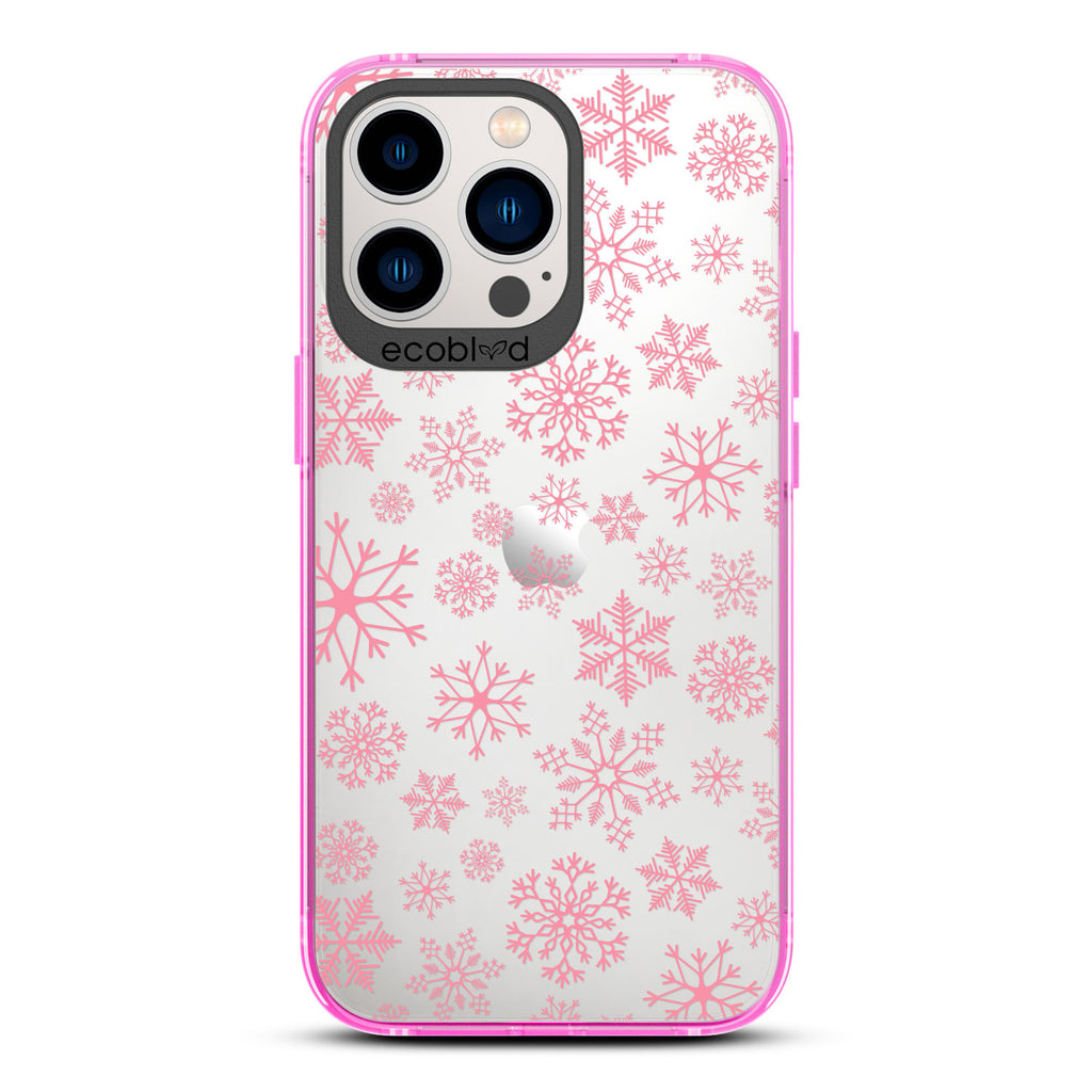 Winter Collection - Pink Eco-Friendly Laguna iPhone 13 Pro Case With A Snowflake Pattern On A Clear Back