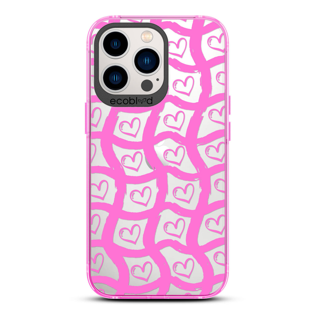 Love Collection - Pink Compostable iPhone 13 Pro Case - Wavy Paint Stroke Checker Print With Hearts On A Clear Back