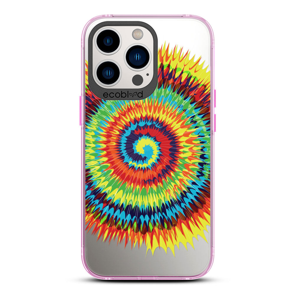 Laguna Collection -Pink iPhone 13 Pro Case With A Retro Rainbow Tie Dye Print On A Clear Back - 6FT Drop Protection
