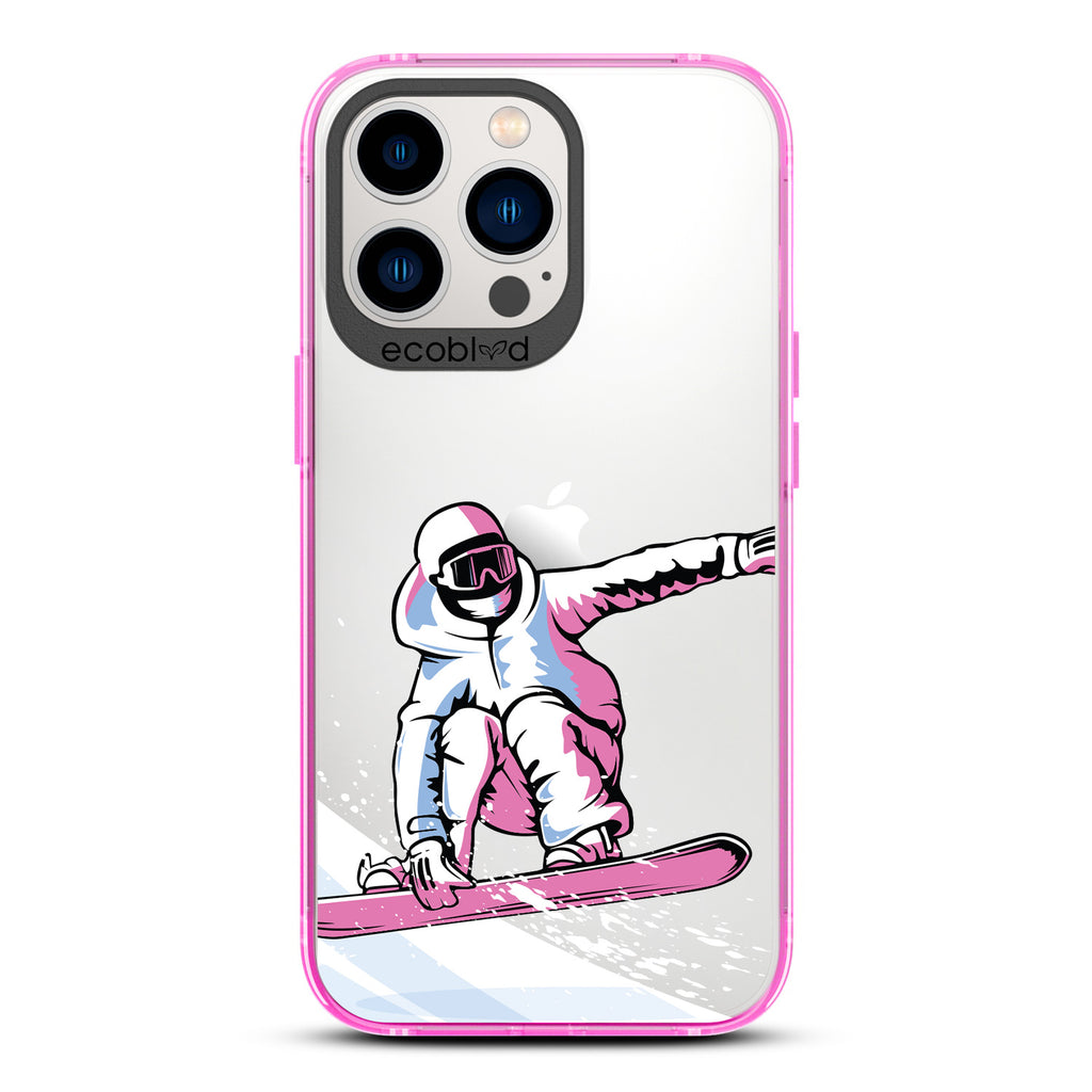 Winter Collection - Pink Eco-Friendly iPhone 12 & 13 Pro Max Case - A Snowboarder Jumps Holding The Board On A Clear Back