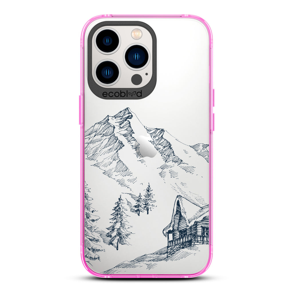 Winter Collection - Pink Compostable iPhone 13 Pro Case - Snowy Mountainside Wood Cabin On A Clear Back
