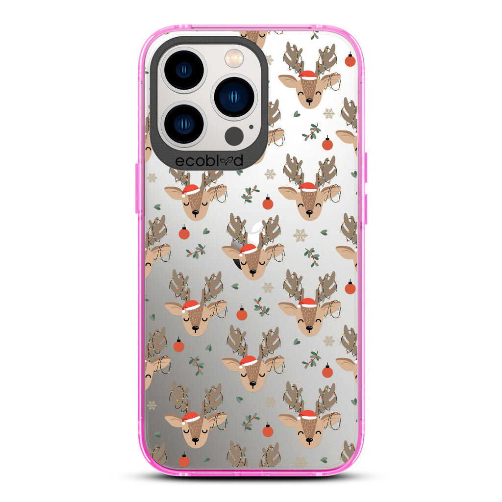 Winter Collection - Pink Eco-Friendly Laguna iPhone 12 & 13 Pro Max Case With Reindeer Wearing Santa Hats On A Clear Back