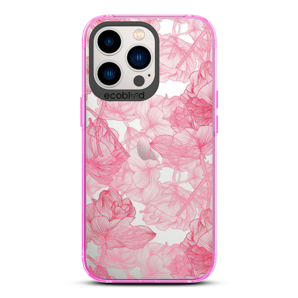 Blushed Pink - Pink Compostable iPhone 12 & 13 Pro Max Case - Pink Line Art Style Roses On A Clear Back