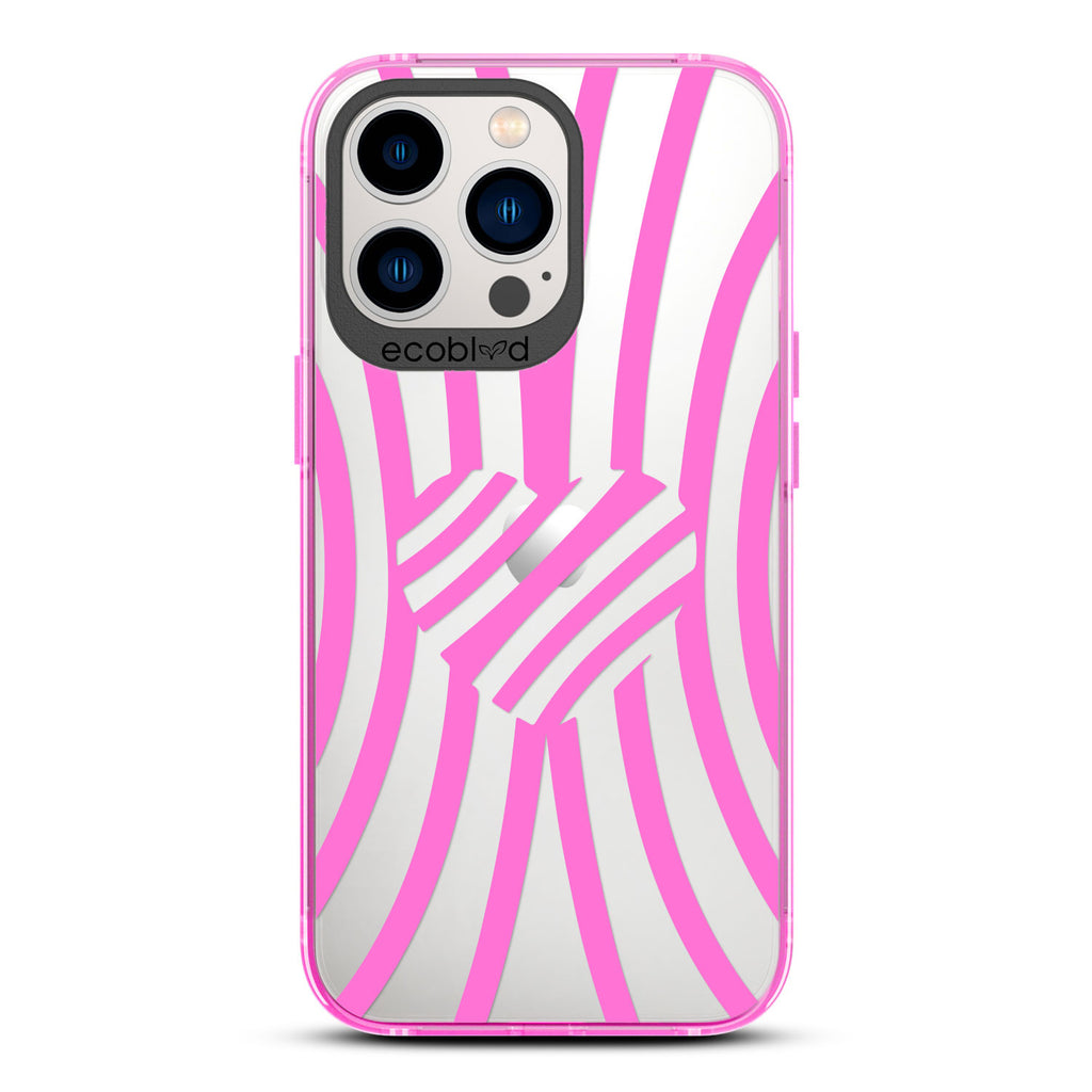 Love Collection - Pink Compostable iPhone 13 Pro Case - Green Zebra Stripes & A Heart In The Center On A Clear Back
