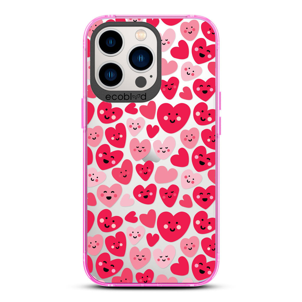 Love Collection - Pink Compostable iPhone 13 Pro Case - Pink & Red Smiling Cartoon Hearts On A Clear Back