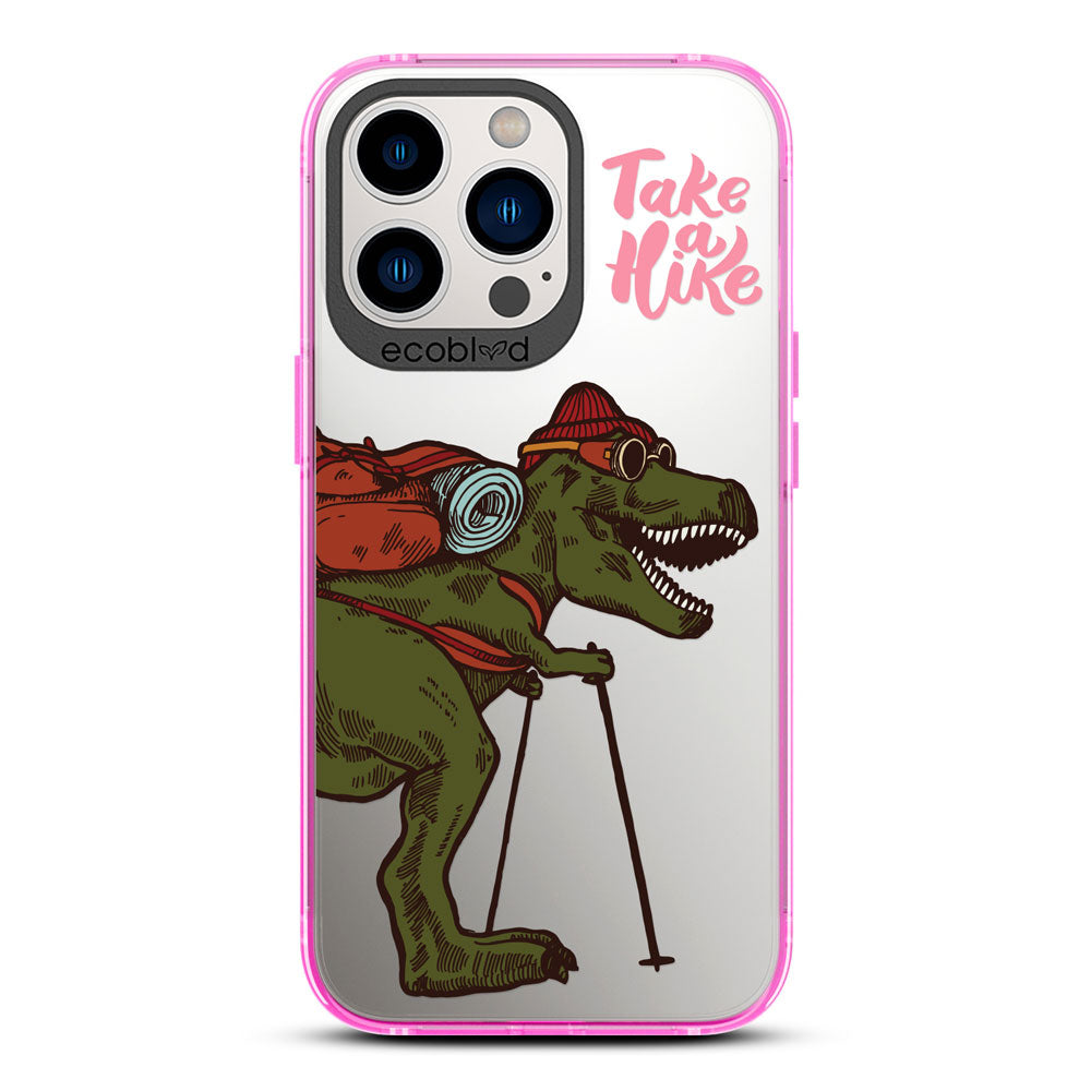 Laguna Collection - Pink iPhone 13 Pro Max / 12 Pro Max Case With A Trail-Ready T-Rex And Take A Hike Quote On A Clear Back