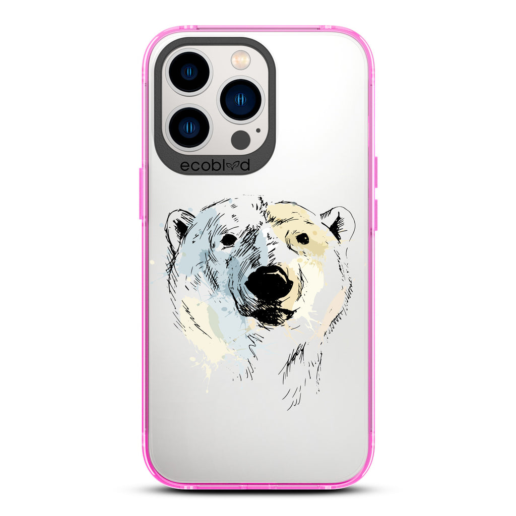  Winter Collection - Pink Compostable iPhone 12 & 13 Pro Max Case - Illustrated Polar Bear Face On Clear Back