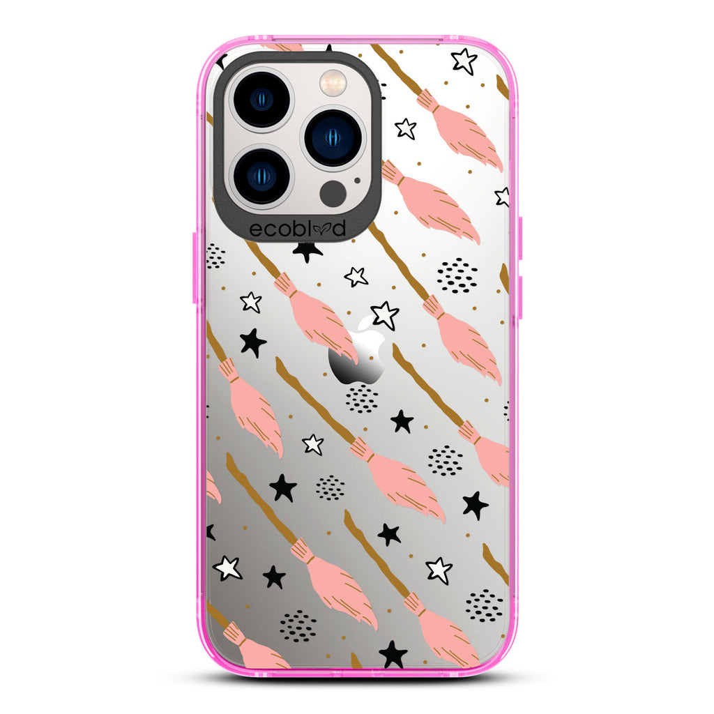 Halloween Collection - Pink Laguna iPhone 12 & 13 Pro Max Case With Pink Witch's Brooms And Stars On A Clear Back 