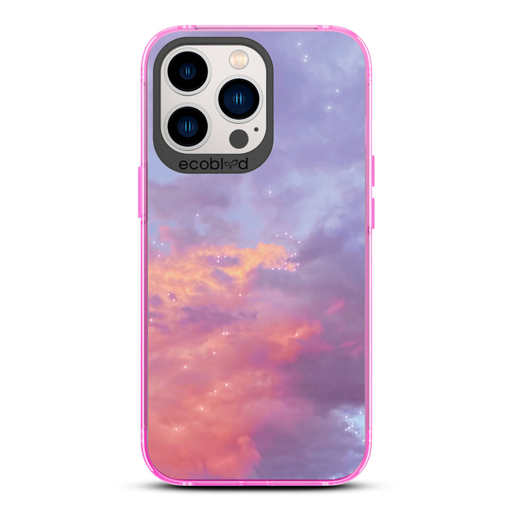 Love Collection -  Pink Compostable iPhone 13 Pro Case - Cloudy Pastel Sunset With Stars On A Clear Back
