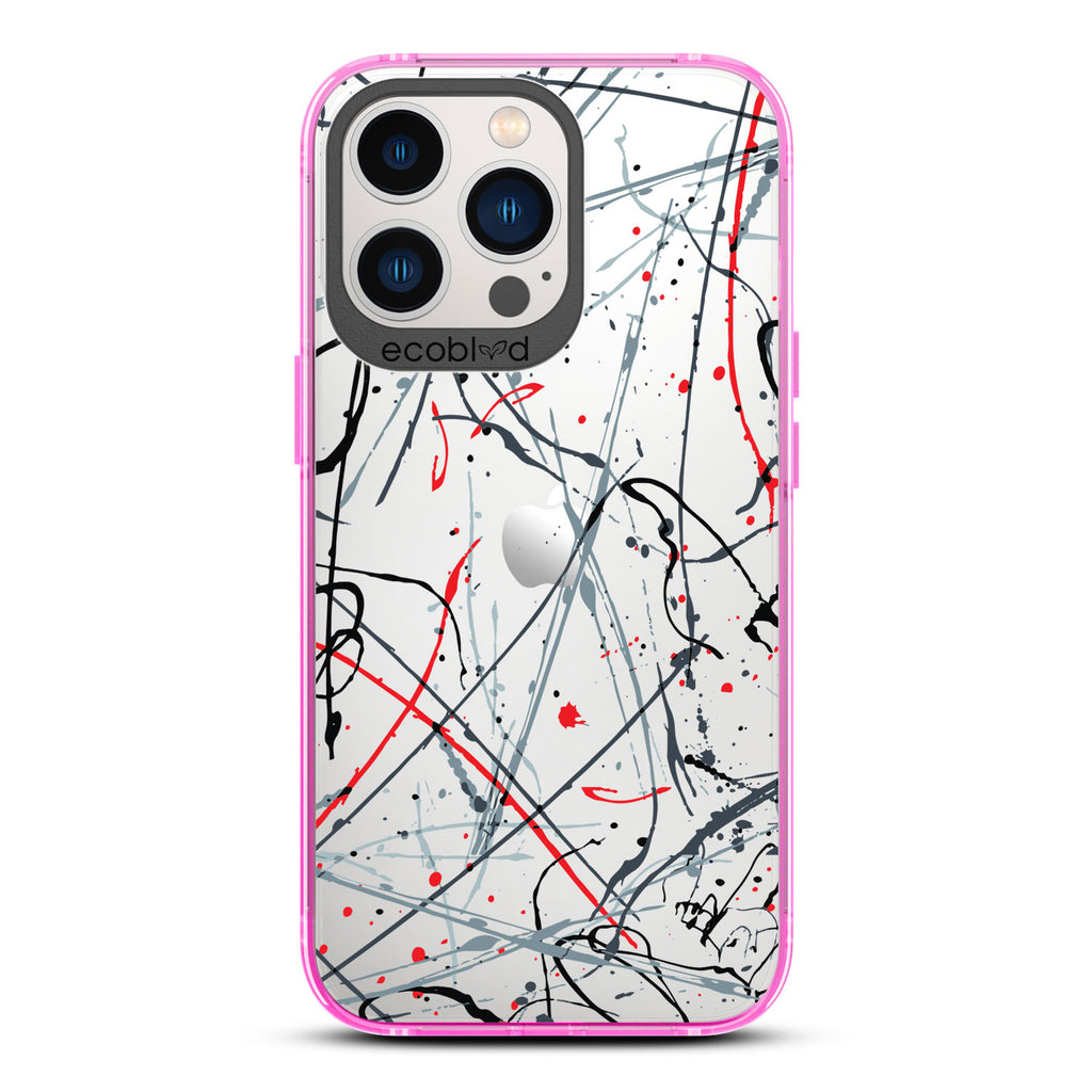 Contemporary Collection - Pink Compostable iPhone 13 Pro Case - Black & Red Paint Splatter On A Clear Back