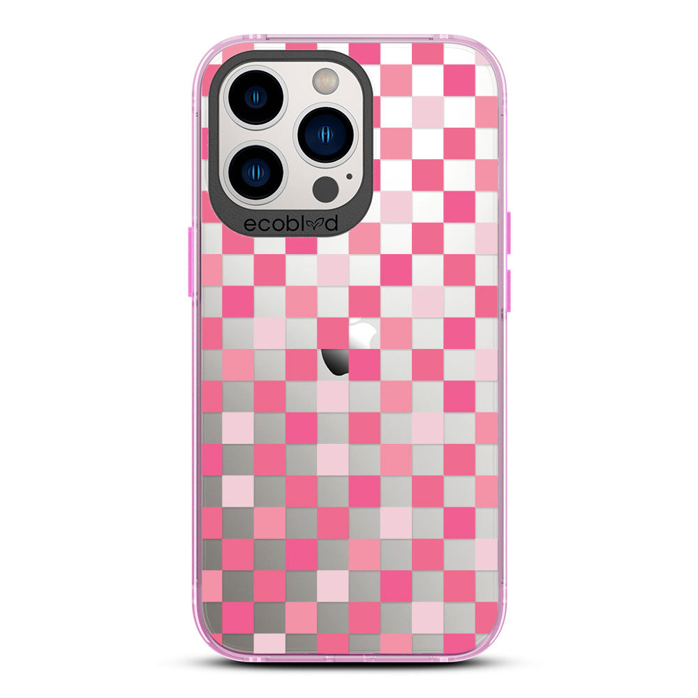 Laguna Collection - Pink Eco-Friendly iPhone 13 Pro Max / 12 Pro Max Case With A Checkered Print Pattern On A Clear Back