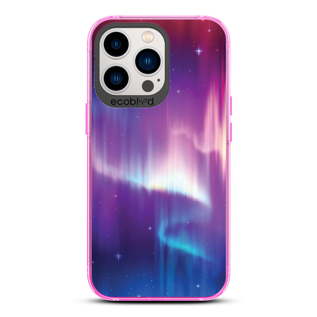 Winter Collection - Pink Compostable iPhone 13 Pro Case - Northern Lights In The Night Sky On A Clear Back