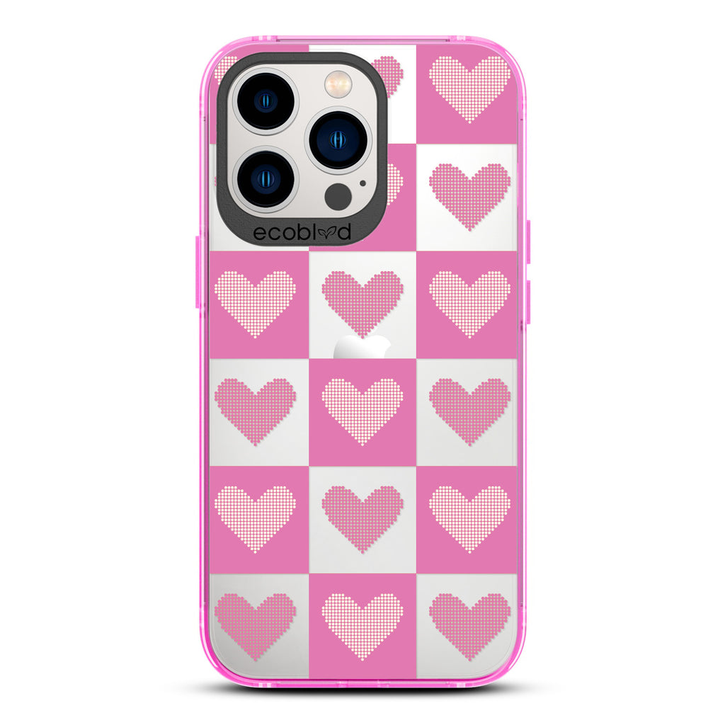 Love Collection - Pink Compostable iPhone 13 Pro Case - Pink Checkered Print With Knitted Hearts On A Clear Back