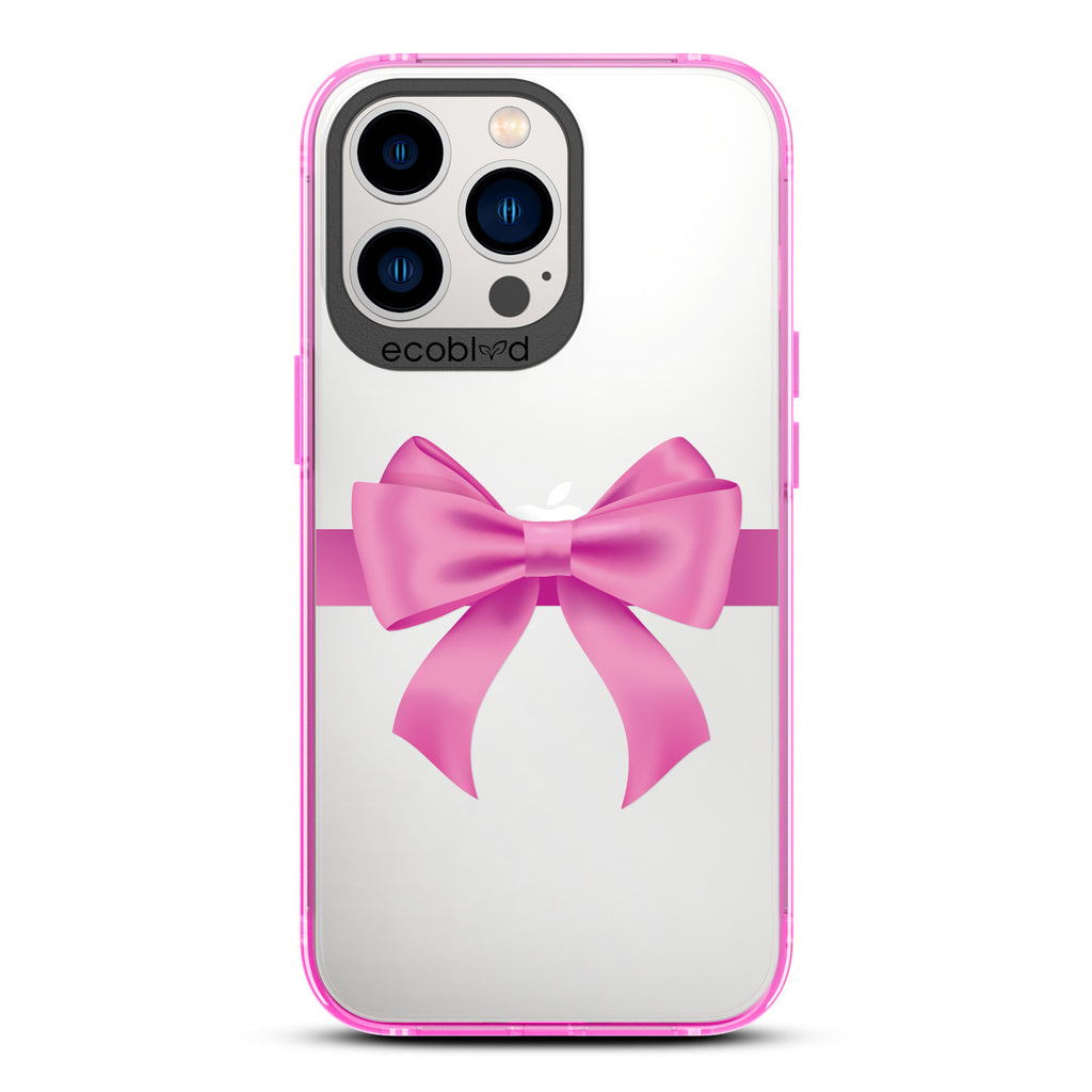 Winter Collection - Pink Eco-Friendly Laguna iPhone 12 & 13 Pro Max Case With A Pink Gift Bow Printed On A Clear Back