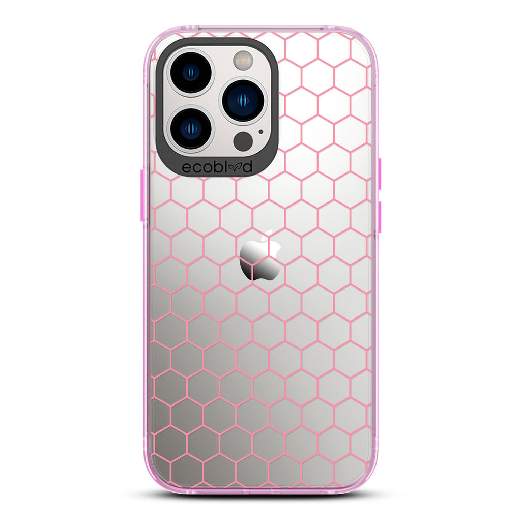 Laguna Collection - Pink Eco-Friendly iPhone 13 Pro Case With A Geometric Honeycomb Pattern On A Clear Back
