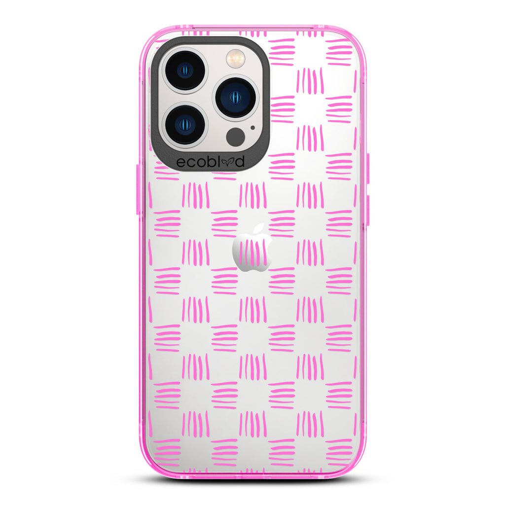 Contemporary Collection - Pink Compostable iPhone 13 Pro Case - Wicker Inspired Rattan Pattern On A Clear Back