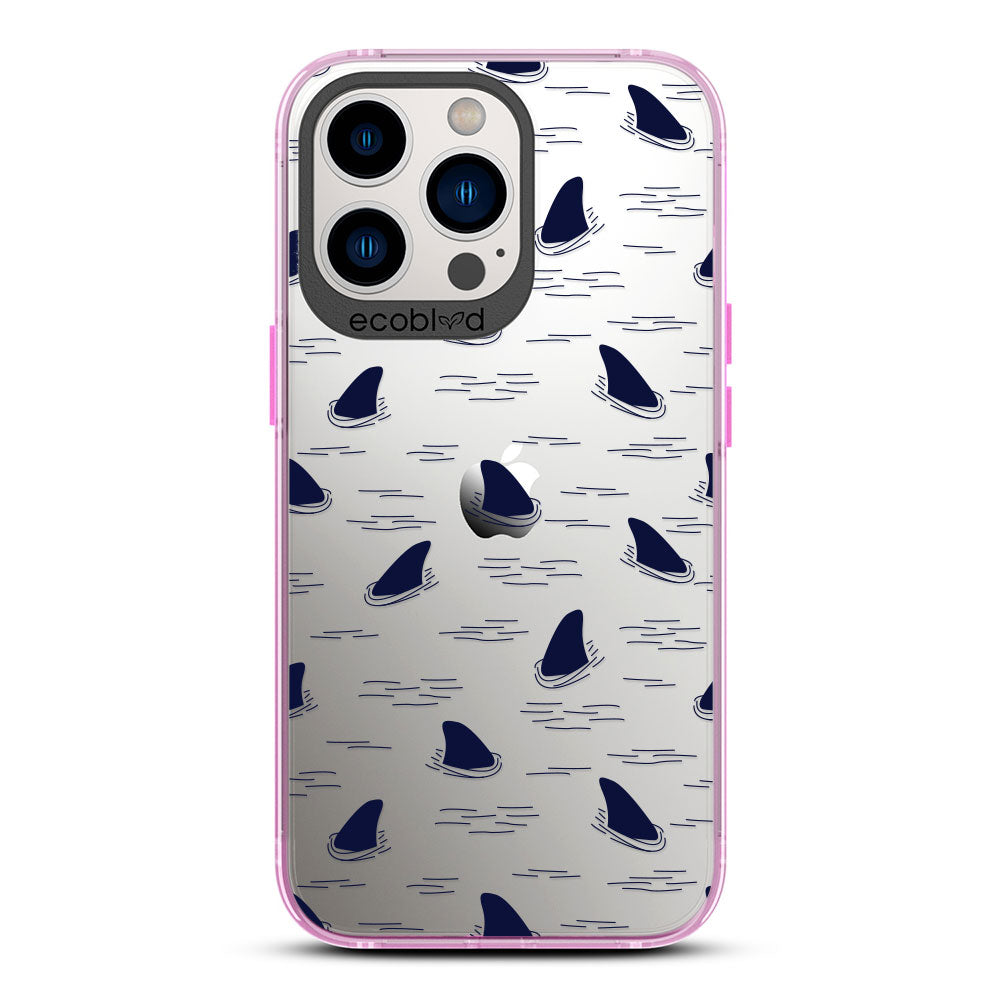 Laguna Collection - Pink iPhone 13 Pro Case With Shark Fins Peeking From Water On A Clear Back - 6FT Drop Protection