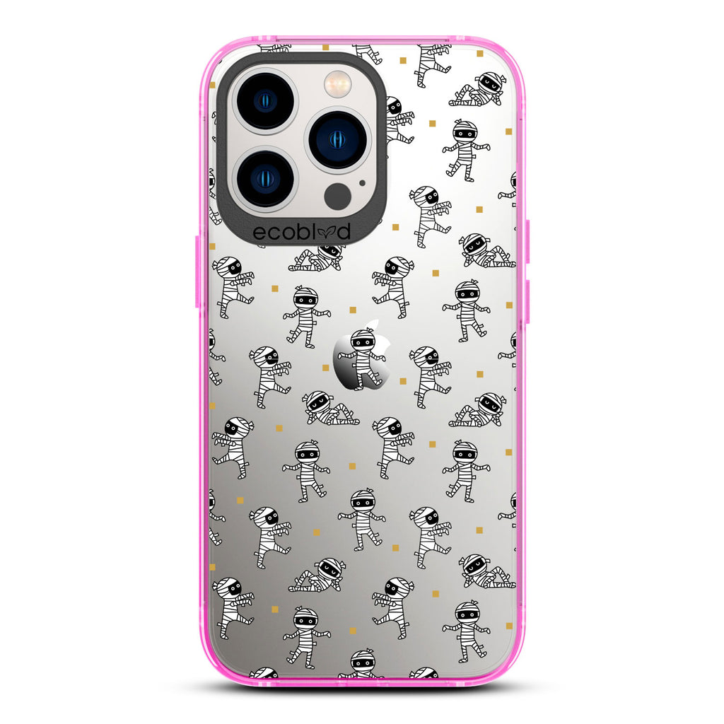 Halloween Collection - Pink Laguna iPhone 13 Pro Case With Multiple Cartoon Mummies Walking & Laying On A Clear Back