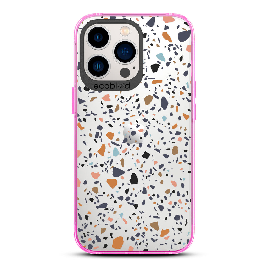 Timeless Collection - Pink Laguna Compostable iPhone 13 Pro Case With A Speckled Terrazzo Pattern On A Clear Back
