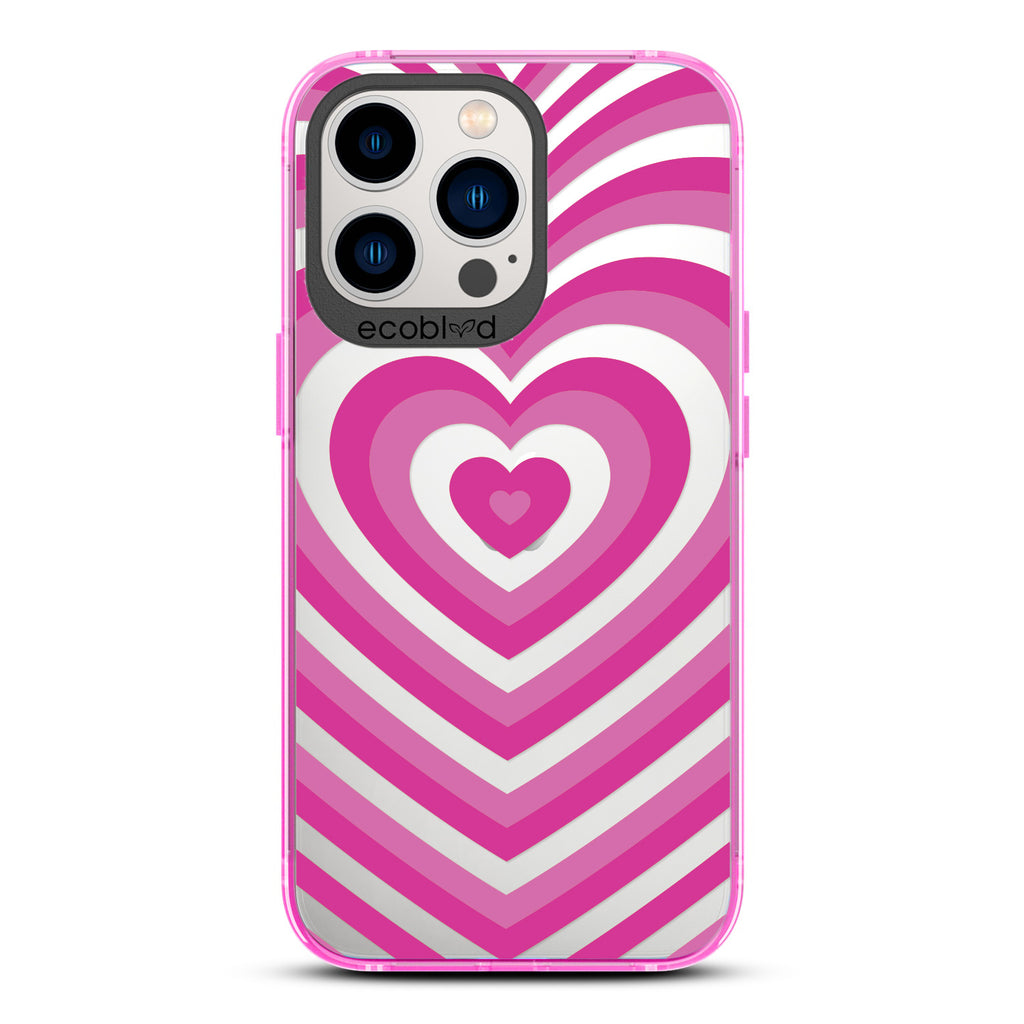 Love Collection - Pink Compostable iPhone 13 Pro Case - A Pink Heart Gradually Growing Larger On A Clear Back