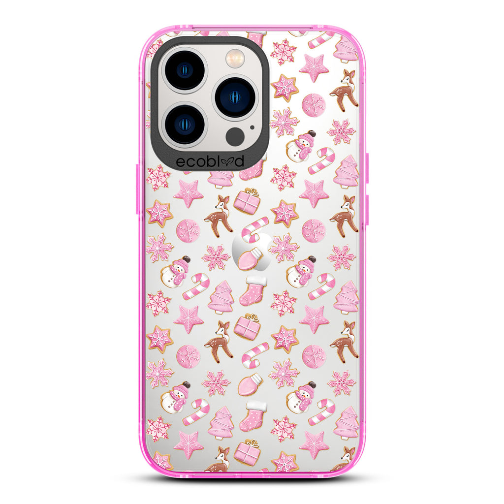 Winter Collection - Pink Laguna Eco-Friendly iPhone 13 Pro Case With Pink Holiday-Themed Cookies On A Clear Back