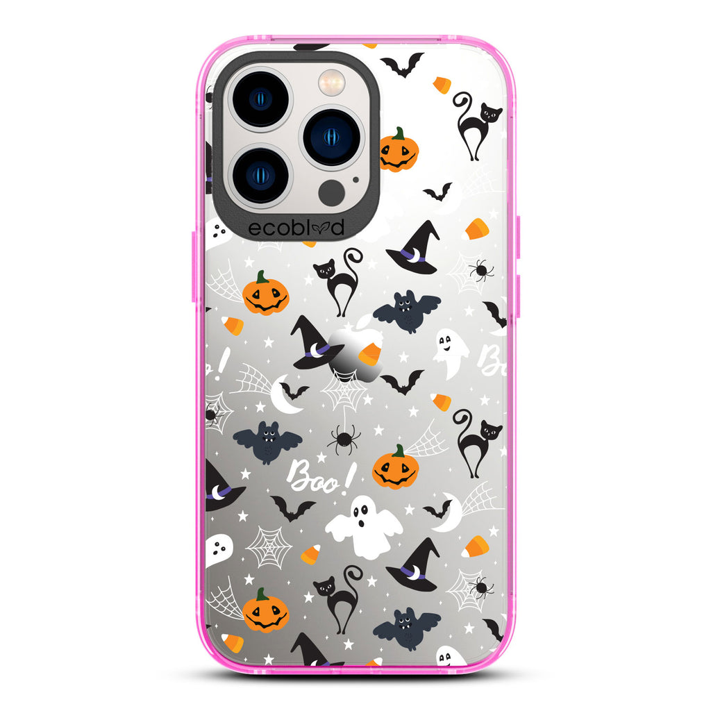 Halloween Collection - Pink Laguna iPhone 13 Pro Case With Spiders, Ghosts & Other Spooky Characters On A Clear Back 