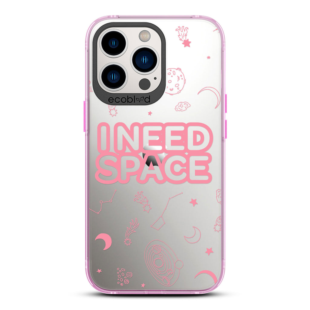 Laguna Collection - Pink Eco-Friendly iPhone 12 & 13 Pro Max Case With I Need Space, Constellations & Planets On Clear Back