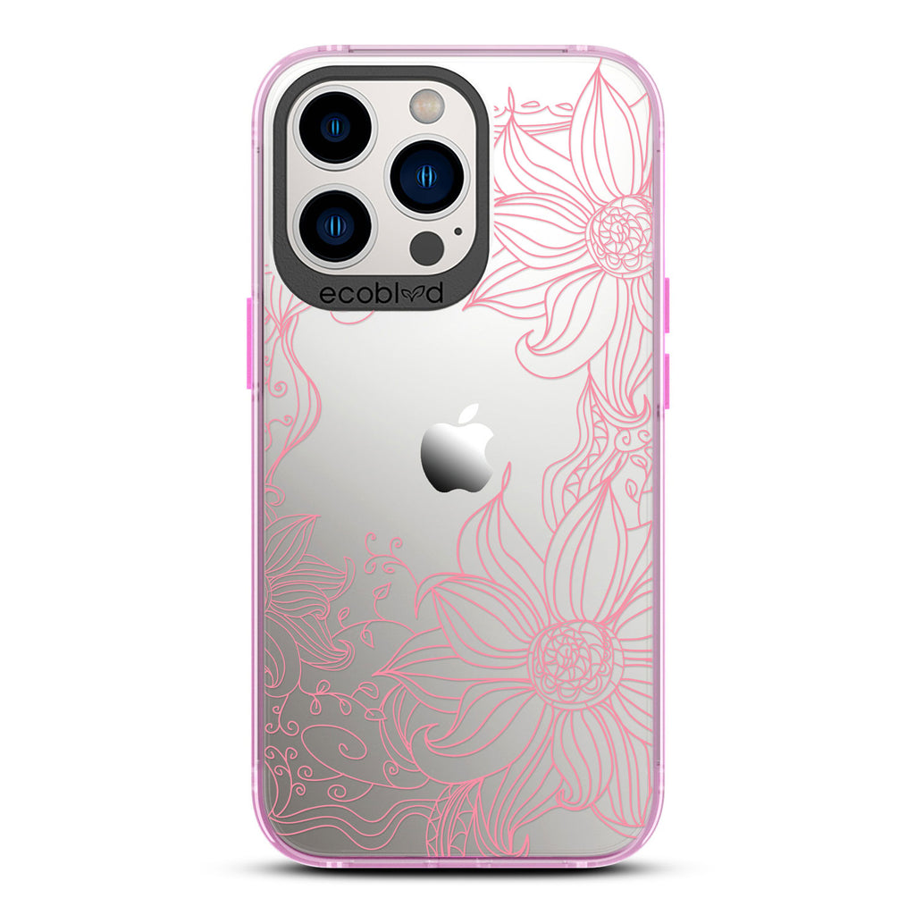 Laguna Collection - Pink Eco-Friendly iPhone 13 Pro Case With A Sunflower Stencil Line Art Design On A Clear Back