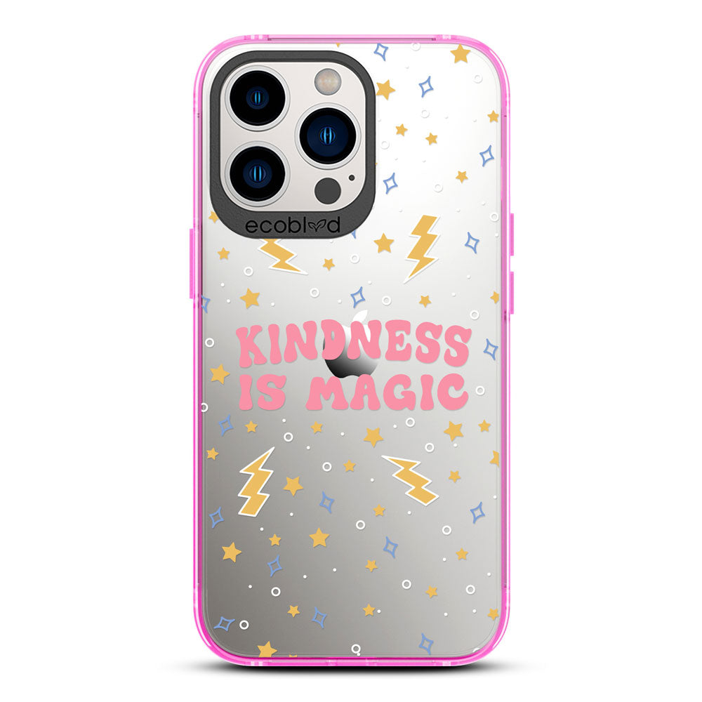 Laguna Collection - Pink Compostable iPhone 12 & 13 Pro Max Case With Kindness Is Magic, Lightning & Stars On A  Clear Back
