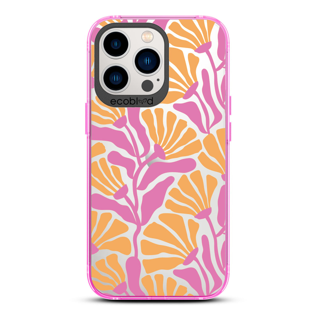 Spring Collection - Pink Compostable iPhone 12/13 Pro Max Case - Tropical Flowers With Tan Base & Pink Petals On A Clear Back