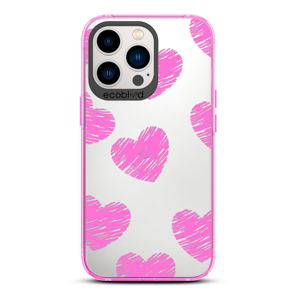 Love Collection - Pink Compostable iPhone 12/13 Pro Max Case - Green Scribbled Hearts On A Clear Back