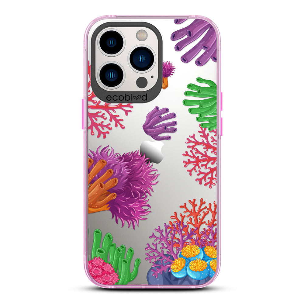 Laguna Collection - Pink Eco-Friendly iPhone 13 Pro Case With A Colorful Underwater Coral Reef Pattern On A Clear Back